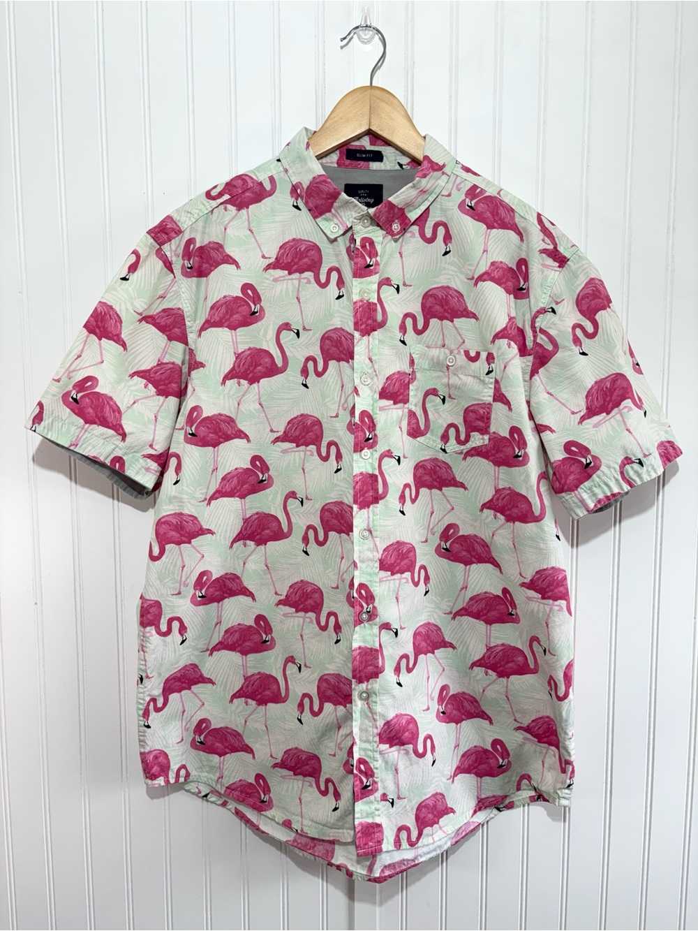 Artistry in Motion Flamingo Print Button Up Slim Fit Shirt Tropical Pink XL
